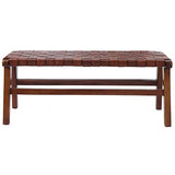 URBANARA Kamaru Banc en bois de teck avec cuir tressé, cognac, fabriqué à la main, style rétro