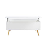 BAKAJI Table de séjour, Salon avec rehausseur, Compartiment de Rangement, Table de Salon Moderne, ouvrable, Blanc, Pieds en Bois, 100 x 60 x 45 cm