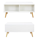 BAKAJI Table de séjour, Salon avec rehausseur, Compartiment de Rangement, Table de Salon Moderne, ouvrable, Blanc, Pieds en Bois, 100 x 60 x 45 cm