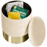 TecTake Pouf Rond avec Coffre de Rangement Tabouret Aspect Velours Base en Acier Doré Design Elégant – Diverses Couleurs (Crème)