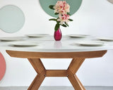 Ragaba, Biju, Table de Salle à Manger Ronde, 110 cm, Table de Salle à Manger pour 6 Personnes, Frêne Massif et Plateau MDF, Peu encombrante, Extensible, Vieux Rose
