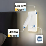 Horoz Electric Applique Murale LED Blanche CUNDA, Lampe Chevet de Lecture Moderne pour Lit avec Interrupteur 10W + 3W, 700lm, 4200K, Blanc Neutre avec Chargeur 2x Type C 5V 2A pour Chambre, Hôtel
