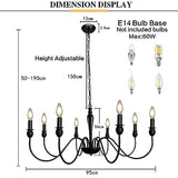Lustre De Ferme Noir Mat Luminaire Plafond 8 Grands Lustres Industriels Rustiques Ø95cm Pour Salle À Manger Plafonnier Bougie Pour Salon Chambre Cuisine Îlot Foyer