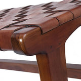 URBANARA Kamaru Banc en bois de teck avec cuir tressé, cognac, fabriqué à la main, style rétro