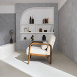 sweeek - Fauteuil scandinave Bois d'hévéa Finition Noyer Clair et Dossier Arrondi en Bouclette Blanche - Amelie