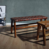 URBANARA Kamaru Banc en bois de teck avec cuir tressé, cognac, fabriqué à la main, style rétro