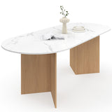 IDMarket - Table à Manger Extensible Ovale Marthe 6-10 Personnes Plateau marbre Blanc Alaska et Bois façon hêtre 160-200 cm