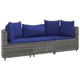 Homgoday Mobilier de balcon 3 pièces avec coussins, salon de jardin, canapé d'angle, canapé central, ensemble de sièges, pour balcon, terrasse, gris et bleu en rotin synthétique