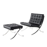 Fauteuil de salon classique - Pliable - En cuir véritable - Avec cadre en acier inoxydable - Pour chambre à coucher, salon, salle de lecture (noir, avec ottomane)