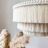 LAGOM Lustre bohème à 3 lumières à franges fait à la main, plafonnier bohème à franges en coton, 58,4 cm de large, couleur blanc crème