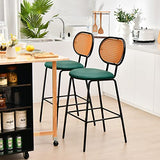 Lot de 2 tabourets de bar en cuir synthétique avec dossier en imitation rotin et cadre en métal, chaises de salle à manger pour cuisine, bar Vert