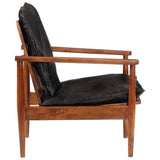 vidaXL Fauteuil, Chaise avec Coussin, Siège avec Accoudoir, Meuble de Salon Salle de Séjour, Noir Cuir Véritable et Bois d'Acacia Massif