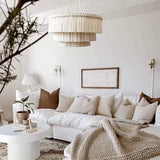 LAGOM Lustre bohème à 3 lumières à franges fait à la main, plafonnier bohème à franges en coton, 58,4 cm de large, couleur blanc crème