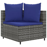 Homgoday Mobilier de balcon 3 pièces avec coussins, salon de jardin, canapé d'angle, canapé central, ensemble de sièges, pour balcon, terrasse, gris et bleu en rotin synthétique