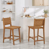 Ball & Cast Tabouret de comptoir tissé, Hauteur de comptoir de Cuisine, Dossier, Tabouret en Bois tissé, Similicuir Marron