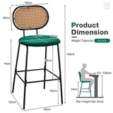Lot de 2 tabourets de bar en cuir synthétique avec dossier en imitation rotin et cadre en métal, chaises de salle à manger pour cuisine, bar Vert
