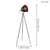 Eglo Lampadaire tripode Chester, lampadaire vintage 1 flamme, lampadaire en acier, couleur : noir, cuivre, douille : E27, interrupteur à tirette inclus