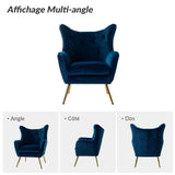 HULALA HOME Fauteuil de lecture confortable, à oreilles, rembourré, avec pieds en métal doré, confortable, en velours, pour salon, chambre à coucher, bleu