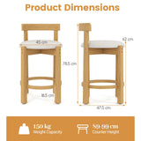GIANTEX Lot de 2 Tabouret Bar Rembourrés, Repose-Pieds & Dossier Confortable, Pieds en Bois d'Hévéa, Chaise de Bar, Hauteur d'Assise 62 cm, Charge 150 kg, Chaise Haute Cuisine pour Cuisine, Naturel