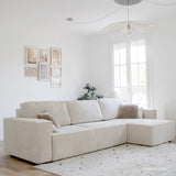 HOMIFAB Canapé d'angle Convertible réversible 5 Places avec Coffre de Rangement en Velours côtelé Beige - Collection Harper, 300 x 84 x 154/101 cm
