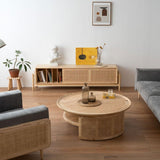 AZZAZETES Table Basse de Salon Table Basse Ronde en Rotin Et Bois Massif, Style Nordique Rétro, for Salon, Canapé Simple Table D'appoint de Canapé