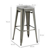 HOMCOM Lot de 4 tabourets de Bar Empilable Chaise de Bar Industriel avec Repose-Pied Hauteur d'Assise 76 cm, Cadre en métal, Style rétro, pour Salle à Manger, Balcon, bistrot ou Bar, Argent