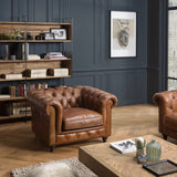 MACABANE Gaston - Fauteuil Marron Chesterfield capitonné Vintage 1 Place Cuir Pieds Bois