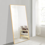 Poshions Grand miroir mural sur toute la longueur, Cadre en aluminium, Pour salon, chambre à coucher, 140 x 40 cm, Doré