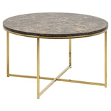 Toilinux.com Table Basse Ronde Effet marbre en Bois et métal - L.80 cm x H. 45 cm - Marron et Doré