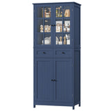 HOCSOK Buffet Cuisine, 180 cm Haut Vaisselier avec 2 Portes Vitrées, Armoire de Cuisine avec 4 Portes et 2 Tiroirs, Vitrine pour Salle à Manger, Bureau, Salon, Moderne, Bleu