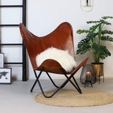 Chaise papillon en cuir marron clair avec base en métal noir