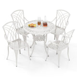 COSTWAY Ensemble Bistrot pour Patio 5 Pièces en Fonte d'Aluminium, Table Ronde avec Trou pour Parasol et 4 Chaises, Salon de Jardin Résistant aux Intempéries pour Jardin Terrasse, Blanc