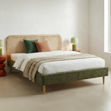 HOMIFAB Lit Adulte 140x190 cm en Velours côtelé Vert Kaki avec tête de lit en cannage - Dalia
