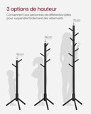 VASAGLE Porte-manteau sur Pieds, en Bois, en Forme d’Arbre, 8 Crochets, 3 Hauteurs Réglables, pour Vêtements, Chapeaux, Sacs, Entrée, Salon, Chambre, Bureau, Noir RCR004B01