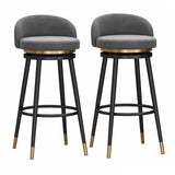Lot de 2 tabourets de bar pivotants avec dossier rembourré à 360° en velours - Hauteur de comptoir - Tabourets de cuisine et de petit-déjeuner - Pieds en métal doré - Gris - 65 cm