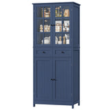 HOCSOK Buffet Cuisine, 180 cm Haut Vaisselier avec 2 Portes Vitrées, Armoire de Cuisine avec 4 Portes et 2 Tiroirs, Vitrine pour Salle à Manger, Bureau, Salon, Moderne, Bleu
