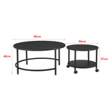 [en.casa] Lot de 2 Tables Basses Rondes Ensemble de Meubles de Salon Gigognes roulettes Espace de Rangement Panneau de Particules Mélaminé Acier Laqué Noir Mat