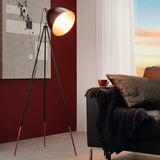 Eglo Lampadaire tripode Chester, lampadaire vintage 1 flamme, lampadaire en acier, couleur : noir, cuivre, douille : E27, interrupteur à tirette inclus