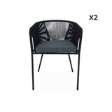 Alice's Garden - Lot de 2 fauteuils de Jardin en Corde Noire et Acier galvanisé. Coussin Gris