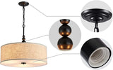 SHRINE Lighting Lustre tambour, suspension tambour pour salle à manger, D50 x H20 cm, chaînes réglables 59″, 3 douilles E27, abat-jour en tissu lin beige et tige noire