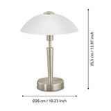 Eglo Lampe à poser SOLO 1, 1 lampe de table à flamme, matériau : acier, couleur : nickel mat, verre : blanc satiné, douille : E14, variateur tactile inclus