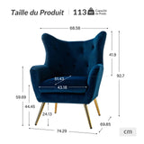 HULALA HOME Fauteuil de lecture confortable, à oreilles, rembourré, avec pieds en métal doré, confortable, en velours, pour salon, chambre à coucher, bleu