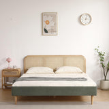HOMIFAB Lit Adulte 140x190 cm en Velours côtelé Vert Kaki avec tête de lit en cannage - Dalia