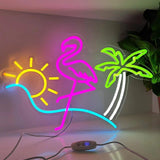 Lampe néon d'été à intensité variable alimentée par USB, en acrylique, flamant rose, palmier vert, décoration artistique pour décoration de plage, chambre de fille, hôtel, plage, piscine, fête (40 x