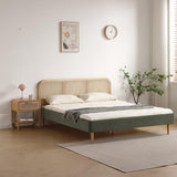 HOMIFAB Lit Adulte 140x190 cm en Velours côtelé Vert Kaki avec tête de lit en cannage - Dalia