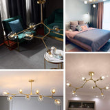 BUniq Lustre Spoutnik E26, 5 lumières, branches de boule de verre, suspension réglable en hauteur, lustre soufflé à la main du milieu du siècle, plafonnier Starburst, finition bronze tra