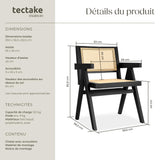 tectake® Chaise de Salle à Manger Design Noir en Bois Massif & Cannage Chaise de Table à Manger avec Accoudoirs Confortable pour Coiffeuse, Chambre, Cuisine, Bureau, Cabinet, Dressing