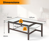COSTWAY Table Basse Verre Trempé 2 Niveaux, Table Basse Rectangulaire, Pieds en Bois d'Hévéa, 107 x 60 x 42 cm