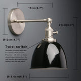 Phansthy Applique murale industrielle avec interrupteur marche-arrêt, applique murale rétro avec abat-jour en métal dôme, luminaires muraux intérieurs E27 pour cuisine et salon (noir)