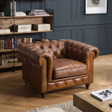 MACABANE Gaston - Fauteuil Marron Chesterfield capitonné Vintage 1 Place Cuir Pieds Bois